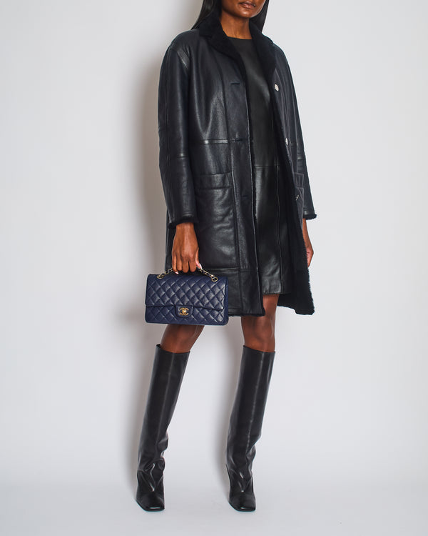 Hermés Navy Reversible Shearling Jacked with Silver Button Detail Size FR 36 (UK 8)