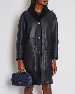 Hermés Navy Reversible Shearling Jacked with Silver Button Detail Size FR 36 (UK 8)