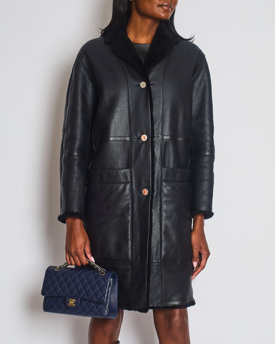 Hermés Navy Reversible Shearling Jacked with Silver Button Detail Size FR 36 (UK 8)