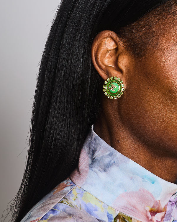 Chanel Green & Gold 24A Stud Earrings with Crystals and Gold CC Logo