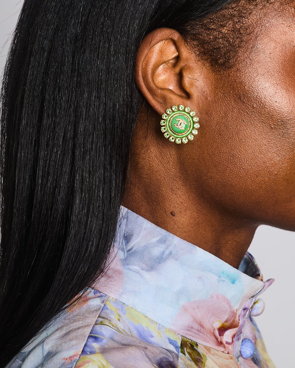 Chanel Green & Gold 24A Stud Earrings with Crystals and Gold CC Logo