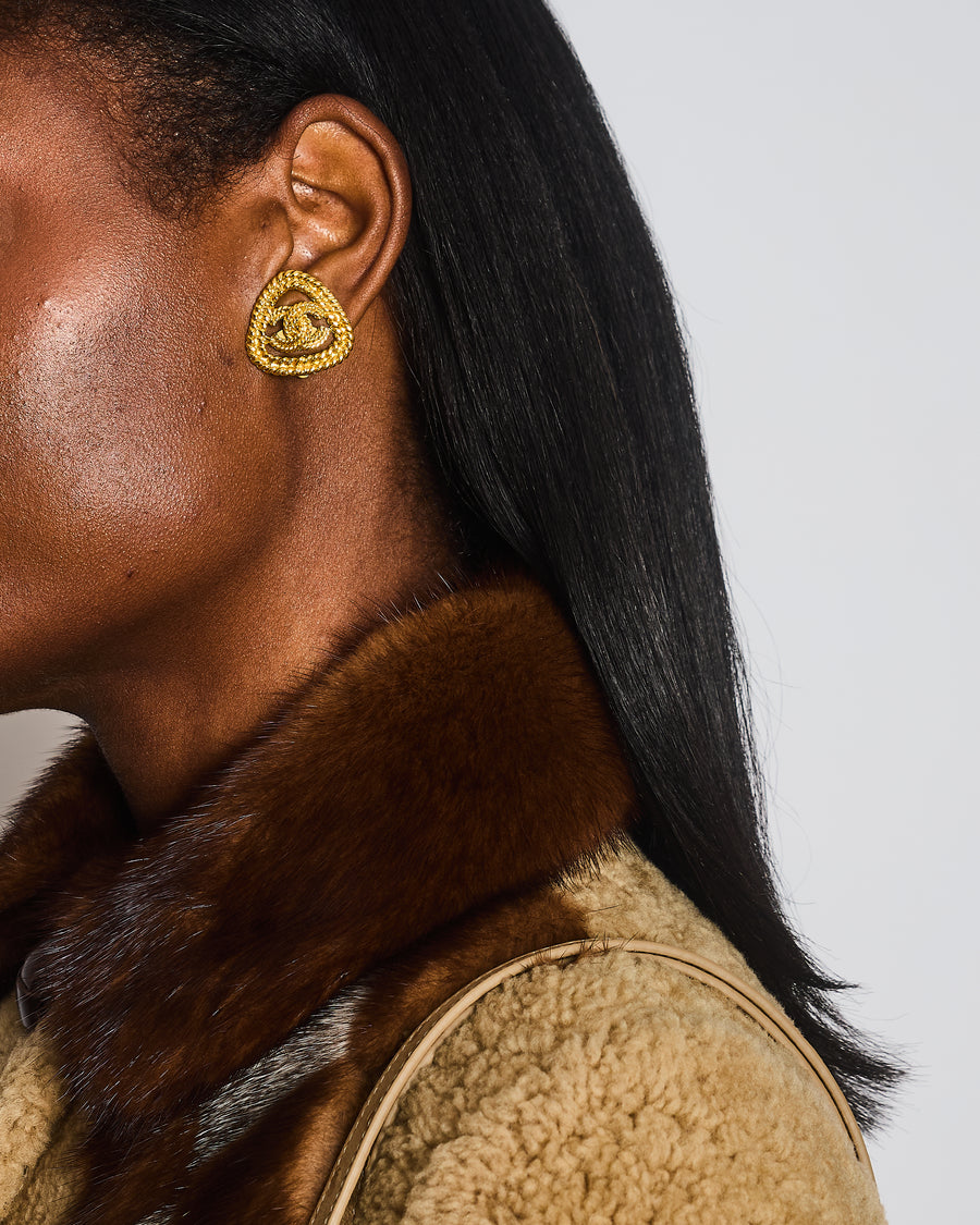 Chanel Vintage Gold Cabled Triangle Clip On Earrings with CC Logo Detail