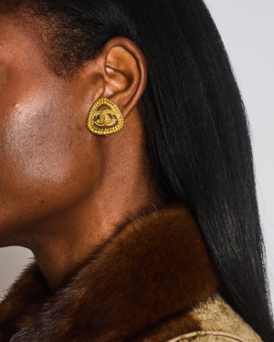 Chanel Vintage Gold Cabled Triangle Clip On Earrings with CC Logo Detail