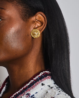 Chanel Vintage 94A Mother of Pearl and Gold Clip on Earrings with Rouched Border Detail and CC Logo