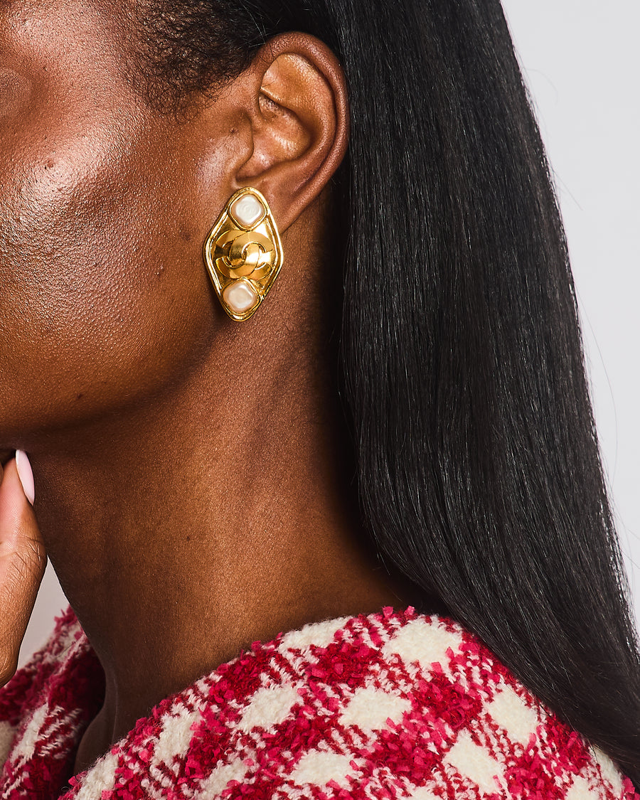 Chanel Vintage 95P Gold Rhombus Shaped Clip on Earrings with Mother of Pearl and CC Logo