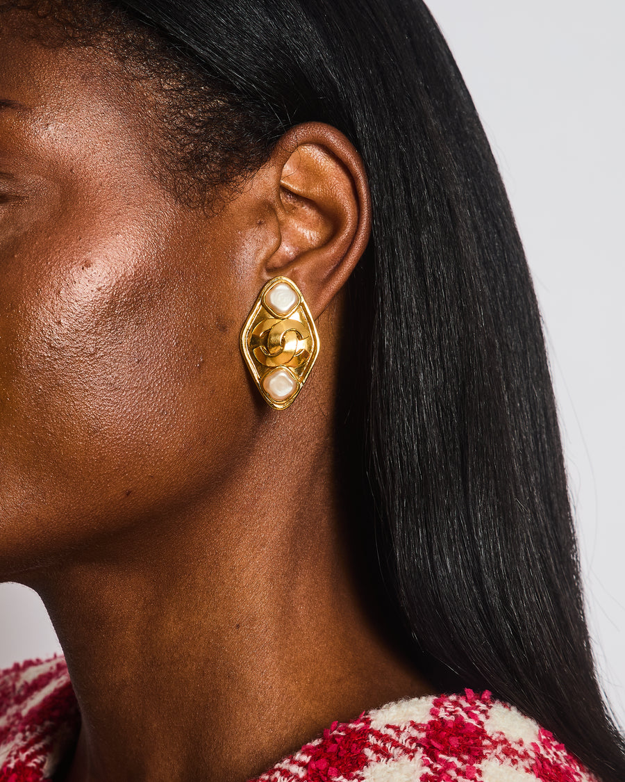 Chanel Vintage 95P Gold Rhombus Shaped Clip on Earrings with Mother of Pearl and CC Logo