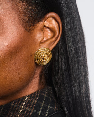 Chanel Vintage 94A Gold Round Cabled Spiral Clip on Earrings with CC Logo Detail