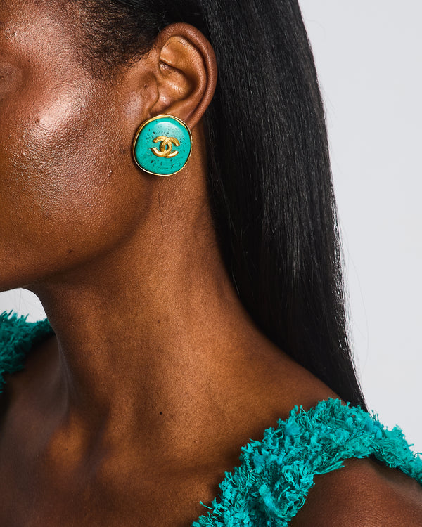 Chanel Vintage 95P Large Turquoise Rounded Clip On Earrings with Gold Rim Detail and CC Logo