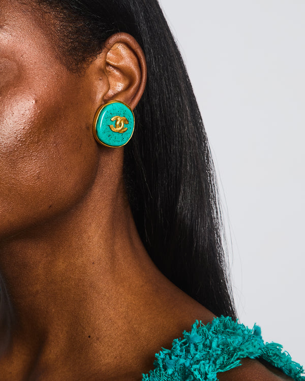 Chanel Vintage 95P Large Turquoise Rounded Clip On Earrings with Gold Rim Detail and CC Logo