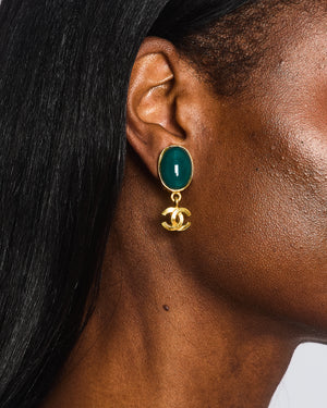 Chanel Vintage 95A Forest Green Stone Pendant Clip On Earrings with Gold Rim and CC Logo