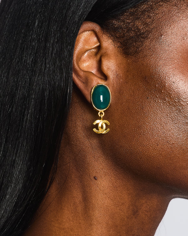 Chanel Vintage 95A Forest Green Stone Pendant Clip On Earrings with Gold Rim and CC Logo