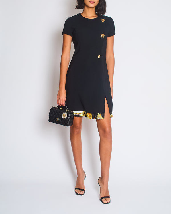 Versace Black Mini Short Sleeve Dress With Slit And Gold Medusa Details Size IT 40 (UK 8)