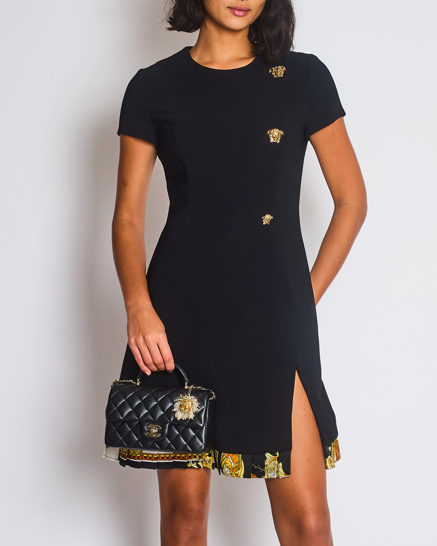 Versace Black Mini Short Sleeve Dress With Slit And Gold Medusa Details Size IT 40 (UK 8)