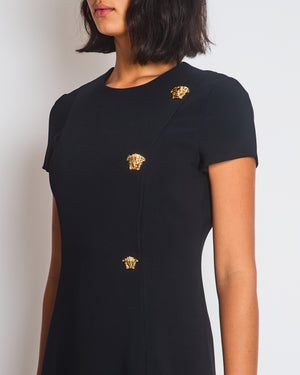 Versace Black Mini Short Sleeve Dress With Slit And Gold Medusa Details Size IT 40 (UK 8)