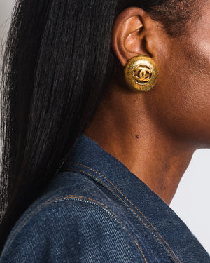 Chanel Vintage Gold Large Round Button Clip On Earrings with Striped Detail and CC Logo