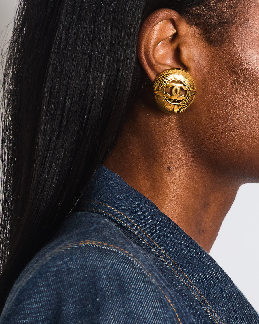 Chanel Vintage Gold Large Round Button Clip On Earrings with Striped Detail and CC Logo