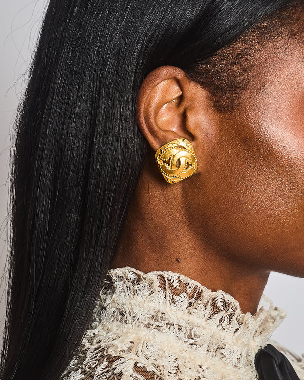 Chanel Vintage 96A Brushed Gold Rhombus Shaped Clip On Earrings with Beaded Detail and CC Logo