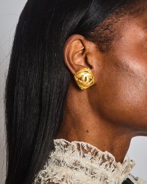Chanel Vintage 96A Brushed Gold Rhombus Shaped Clip On Earrings with Beaded Detail and CC Logo