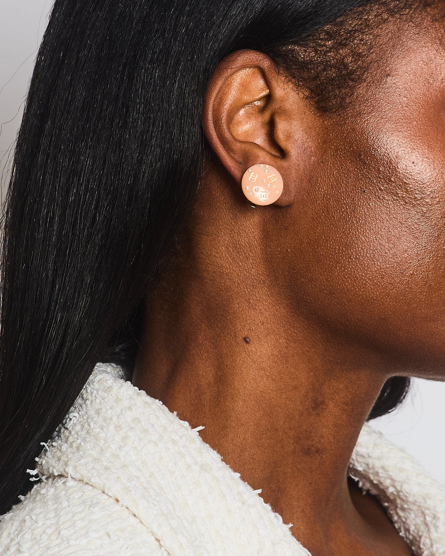 Chanel Vintage Blush Pink Round Clip On Earrings with Pearl Embellishments and CC Logo Details