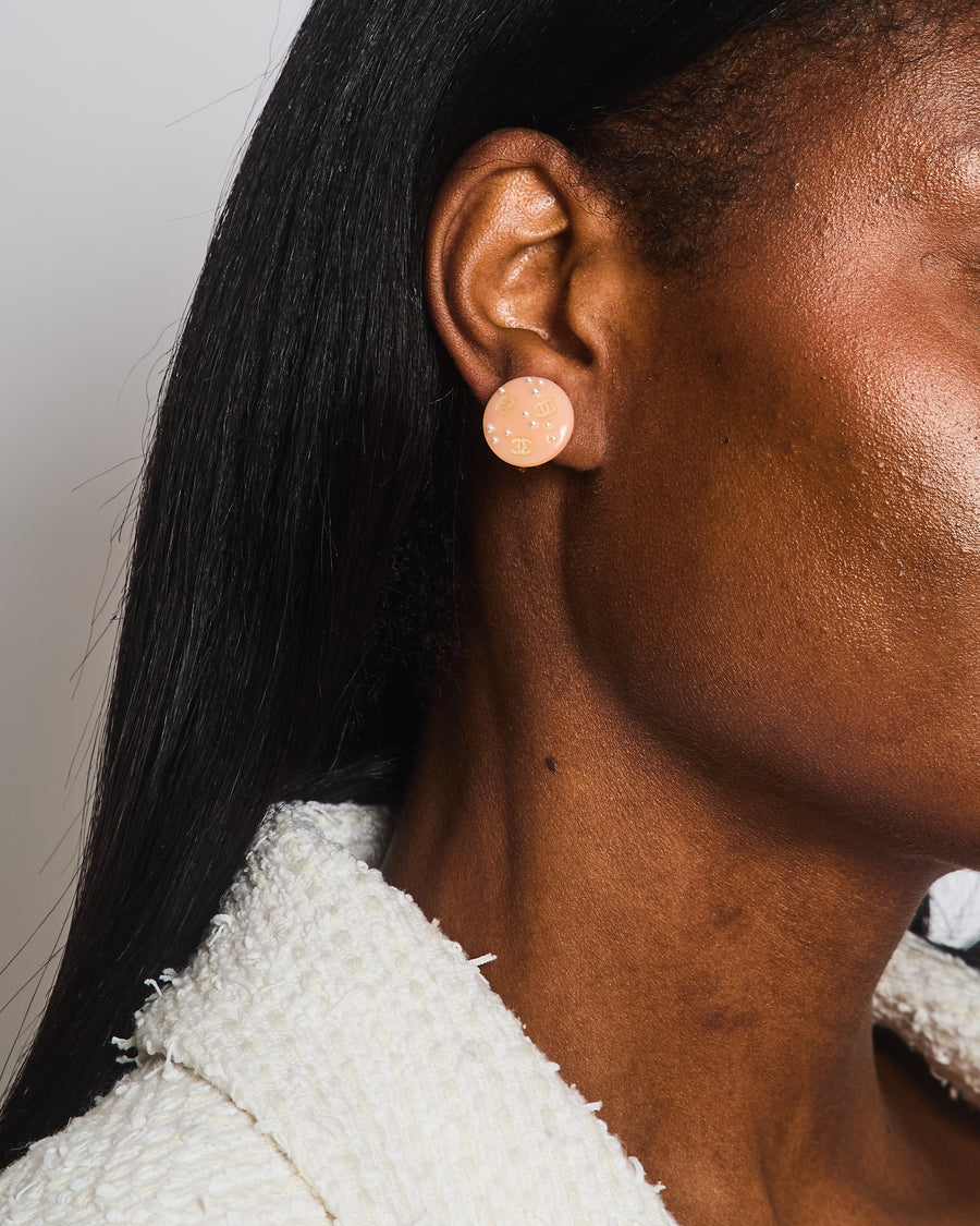 Chanel Vintage Blush Pink Round Clip On Earrings with Pearl Embellishments and CC Logo Details