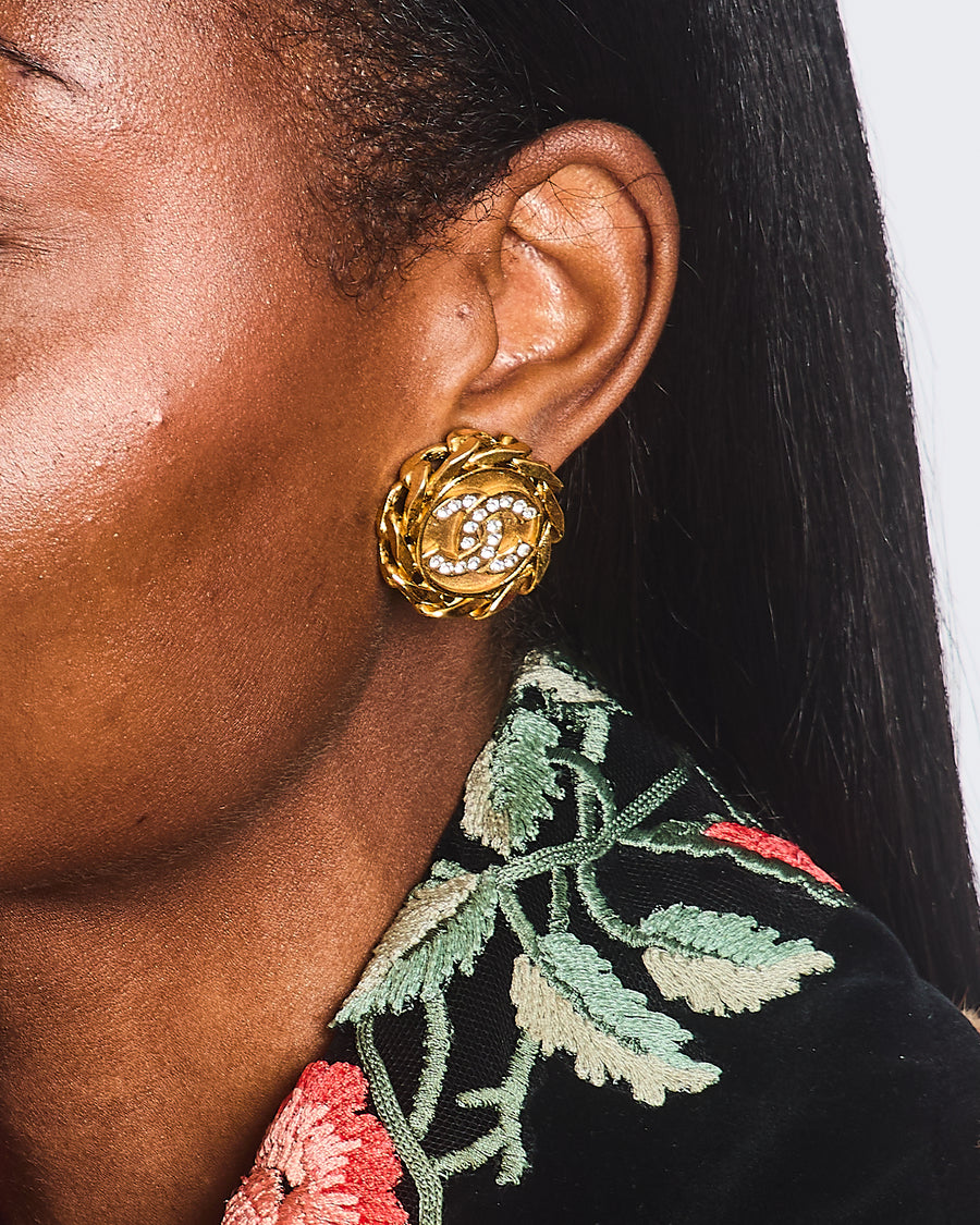 Chanel Vintage Gold Round Chain Link Clip On Earrings with Crystal Embellished CC Logo