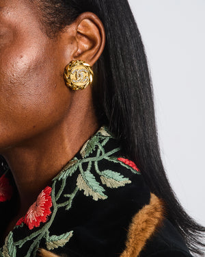 Chanel Vintage Gold Round Chain Link Clip On Earrings with Crystal Embellished CC Logo