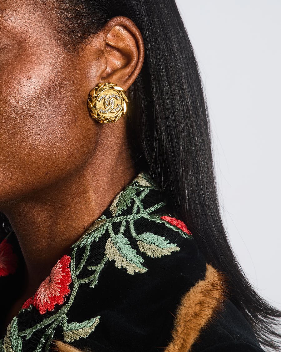 Chanel Vintage Gold Round Chain Link Clip On Earrings with Crystal Embellished CC Logo