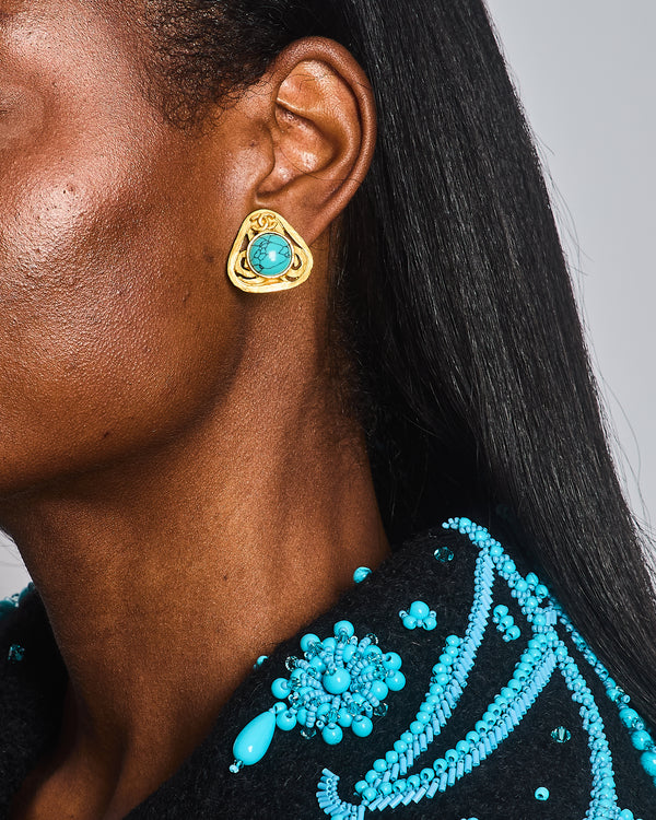 Chanel Vintage 95P Brushed Gold Triangle Clip On Earrings with Round Turquoise Stone and CC Logo Detail