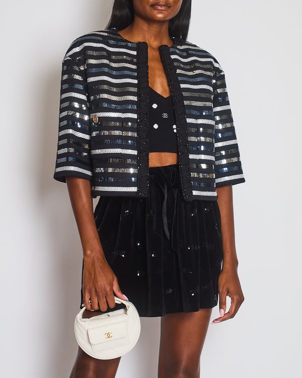 Chanel 2022 Black Cropped Sleeve CC Sequin Jacket with Braided Edge Size FR 38 (UK 10)