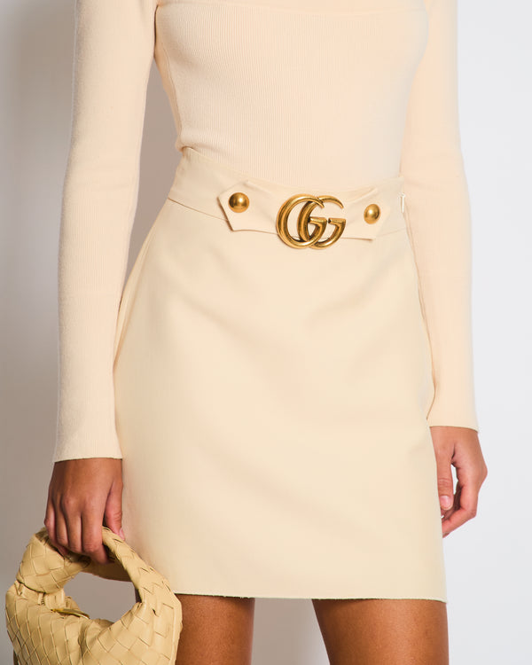 Gucci Cream Mini Skirt with Aged Gold GG Marmont Logo Detail Size IT 40 (UK 8)