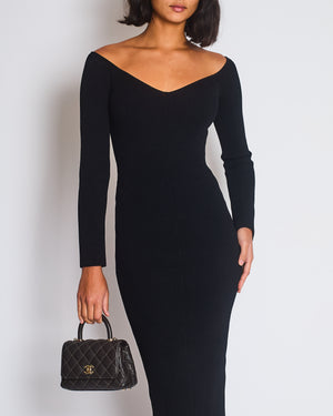 Khaite Black Ribbed Long Sleeve V-Neck Dress with Split Detail Size S (UK 6/8)