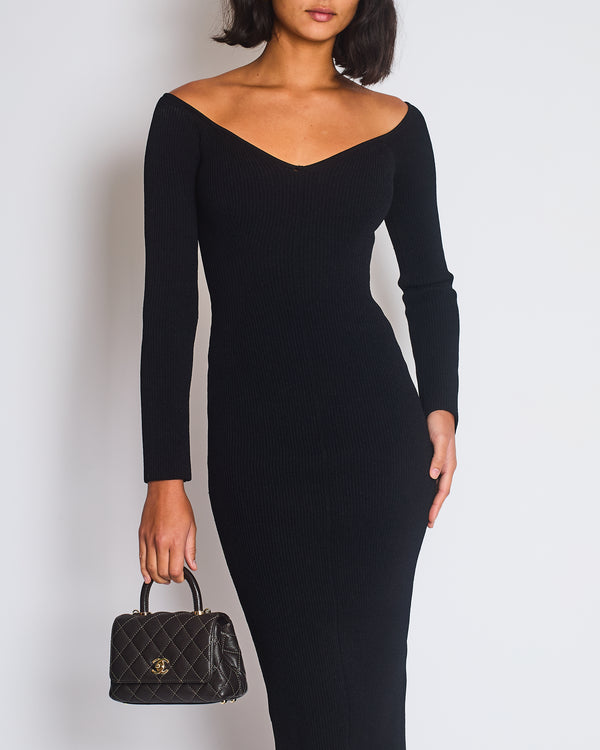 Khaite Black Ribbed Long Sleeve V-Neck Dress with Split Detail Size S (UK 6/8)