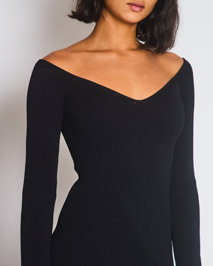 Khaite Black Ribbed Long Sleeve V-Neck Dress with Split Detail Size S (UK 6/8)