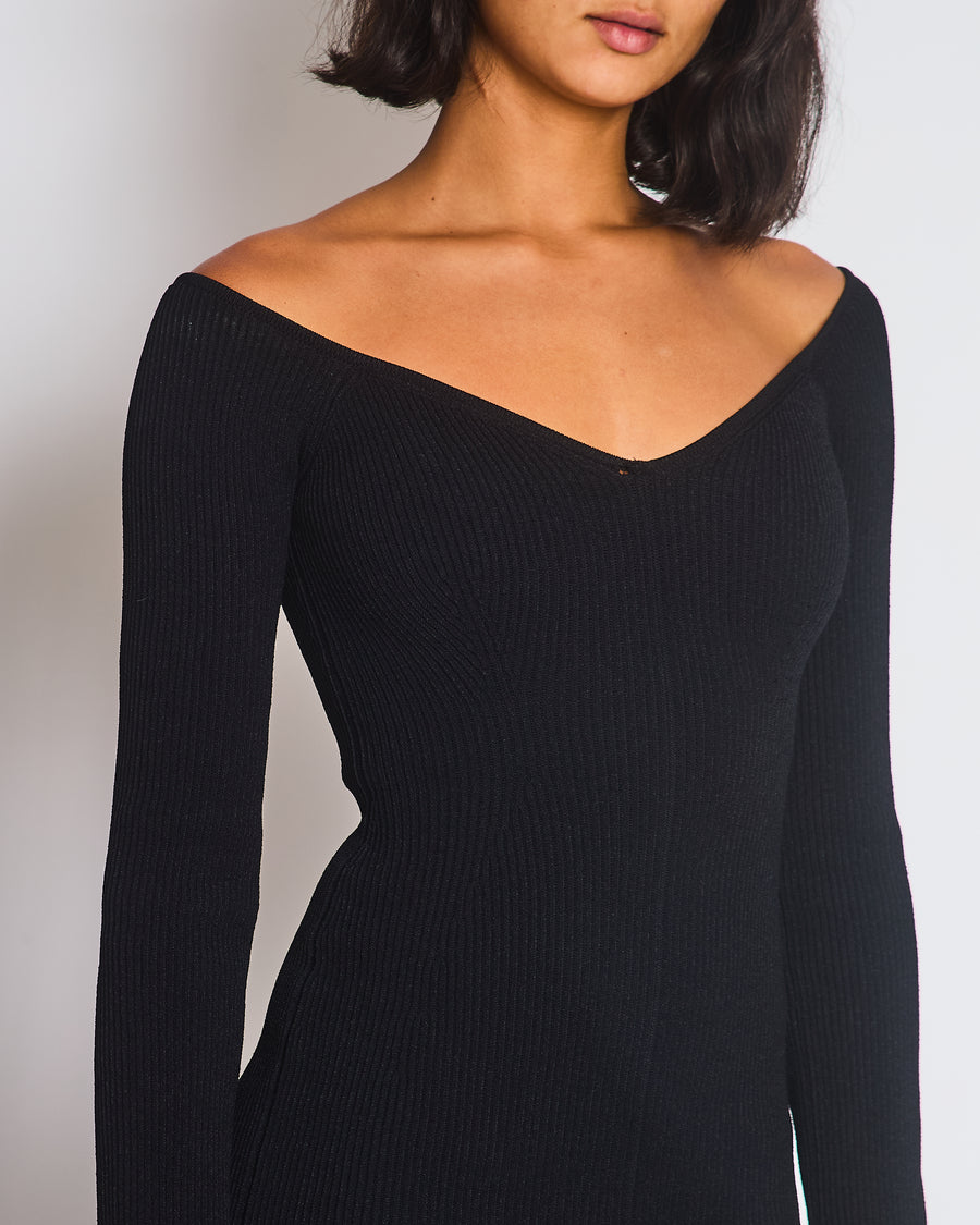Khaite Black Ribbed Long Sleeve V-Neck Dress with Split Detail Size S (UK 6/8)