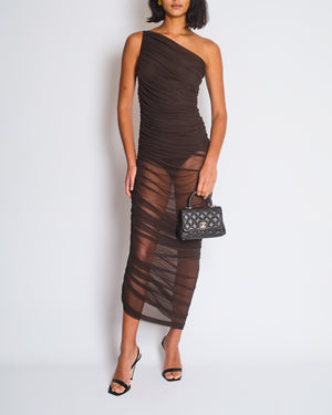 norma kamali brown dress Sleeveless Grace Experience effortless chic with the Norma Kamali Oversized Boyfriend Shirt Flared Gown in rich chocolate Norma Kamali Brown Mesh One-Shoulder