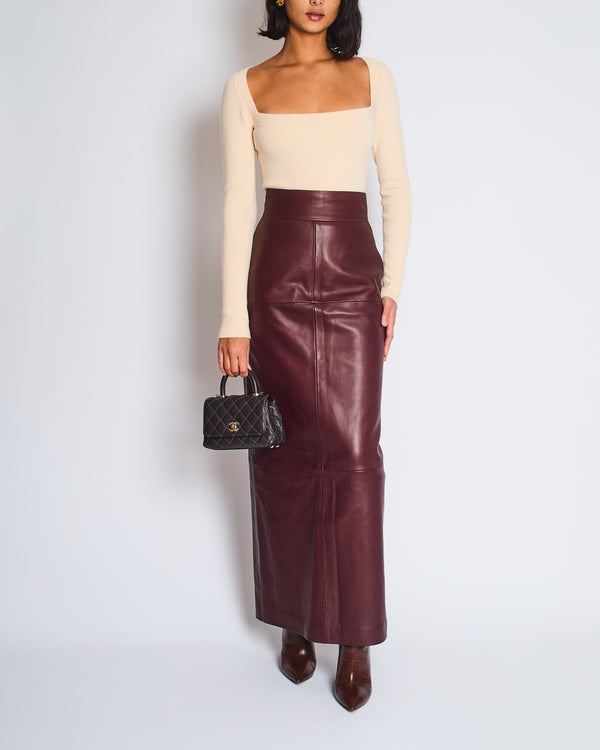 RAEY Burgundy High-Waist Lambskin Leather Pencil Skirt with Split Detail Size FR 34 (UK 6)