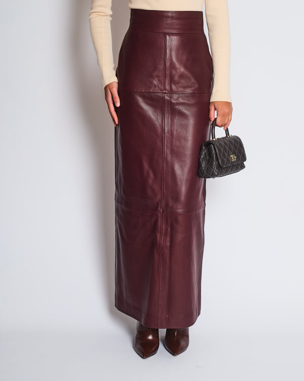 RAEY Burgundy High-Waist Lambskin Leather Pencil Skirt with Split Detail Size FR 34 (UK 6)