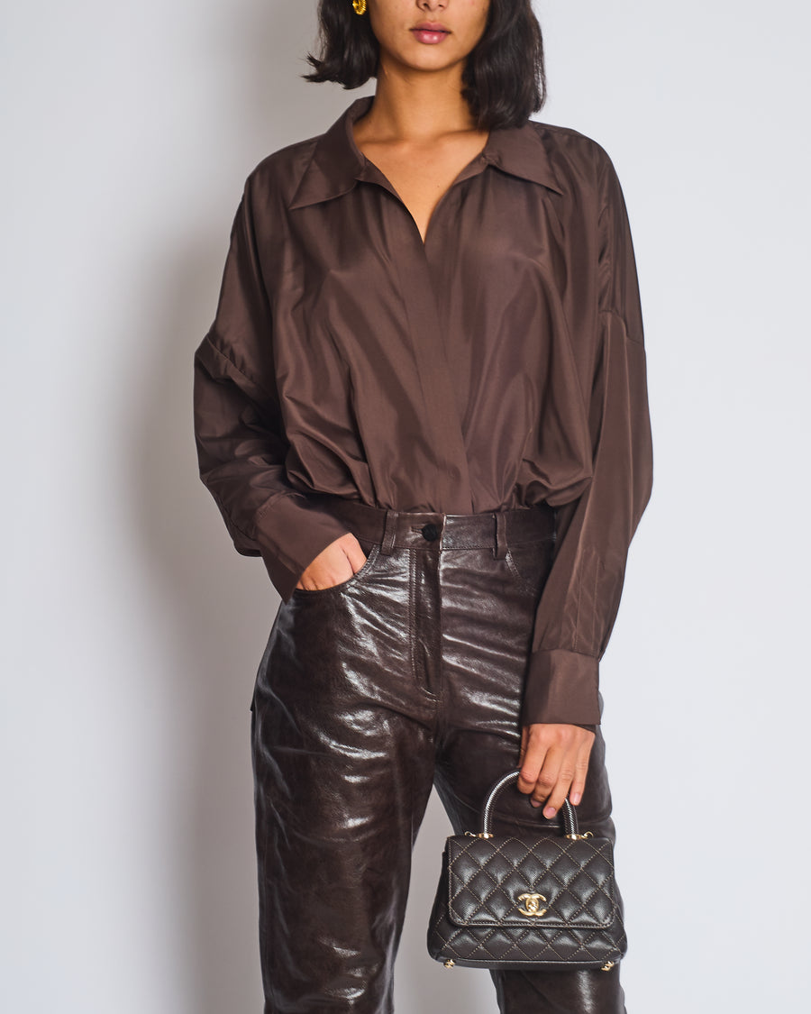 Norma Kamali Brown Long Sleeve Shirt Body Suit Size FR 34 (UK XS)