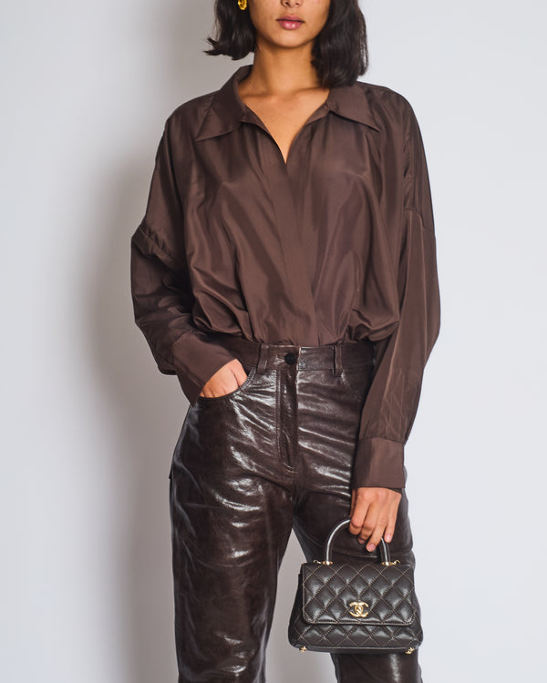 Norma Kamali Brown Long Sleeve Shirt Body Suit Size FR 34 (UK XS)