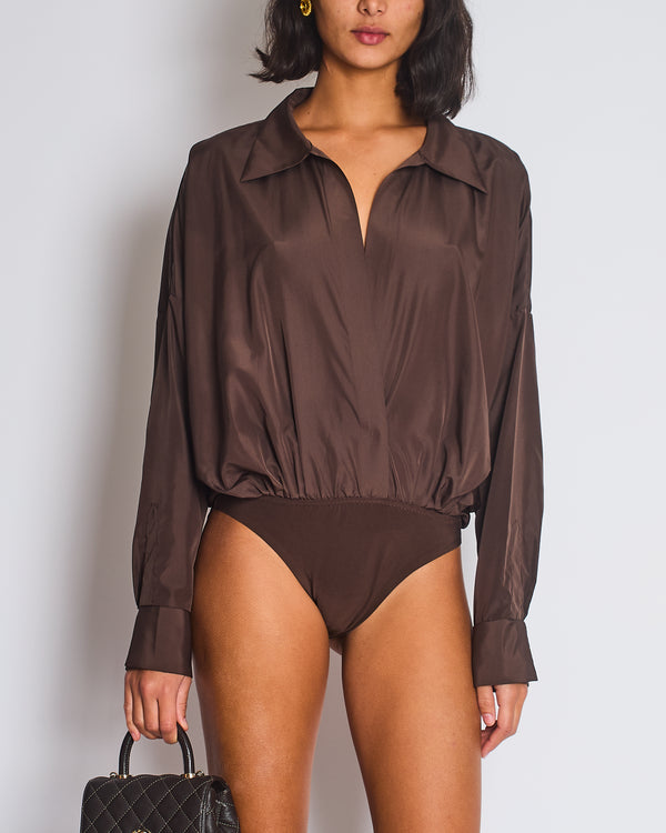 Norma Kamali Brown Long Sleeve Shirt Body Suit Size FR 34 (UK XS)