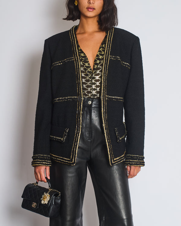 Chanel Metiers D'Art 17A Paris-Ritz Cosmopolitan Black Tweed Jacket with Gold Trim & Smokey Transparent Button Details Size FR 50 (UK 20) RRP £7450