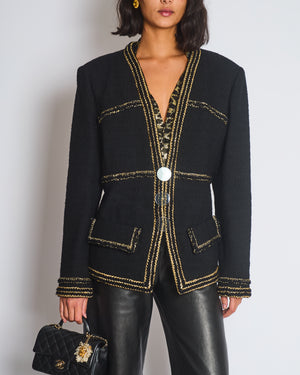 Chanel Metiers D'Art 17A Paris-Ritz Cosmopolitan Black Tweed Jacket with Gold Trim & Smokey Transparent Button Details Size FR 50 (UK 20) RRP £7450