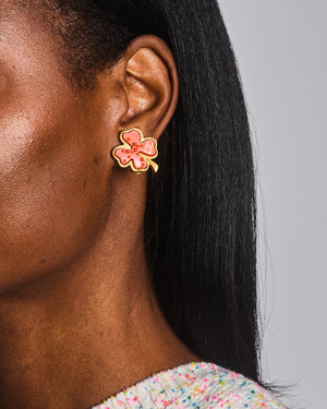 Chanel Vintage Brushed Gold and Pink Clover Clip On Earrings with CC Logo and Beads Details