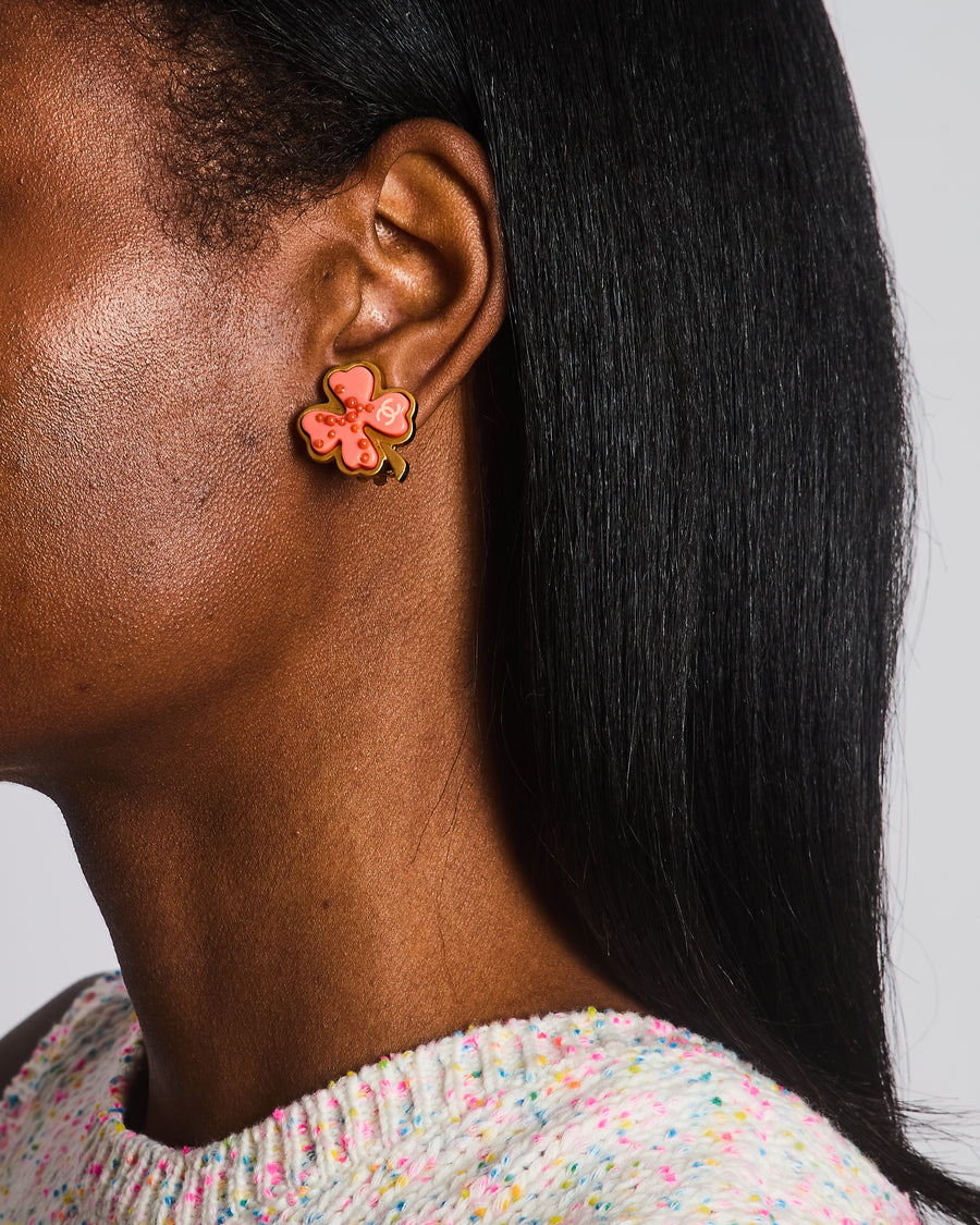 Chanel Vintage Brushed Gold and Pink Clover Clip On Earrings with CC Logo and Beads Details
