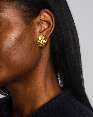 Chanel Vintage Polished Gold Round Clip On Earrings with Quilted Detail and CC Logo