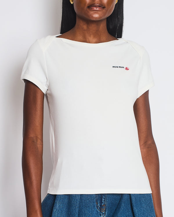 Petit Bateau x Miu Miu White Slim Fit T-Shirt with Logo Detail and Embroidered Initials Size S (UK 8) RRP £420