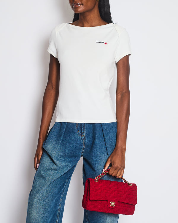 Petit Bateau x Miu Miu White Slim Fit T-Shirt with Logo Detail and Embroidered Initials Size S (UK 8) RRP £420