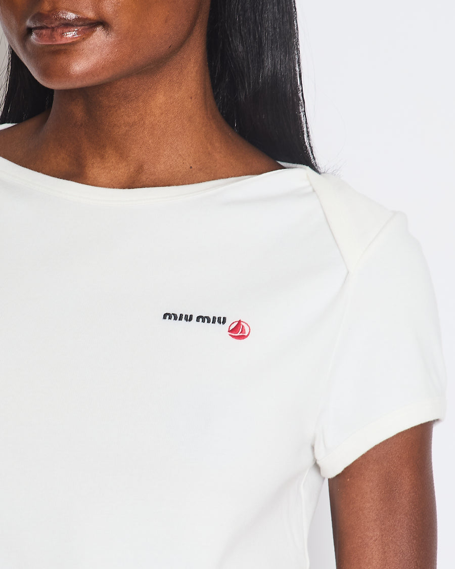 Petit Bateau x Miu Miu White Slim Fit T-Shirt with Logo Detail and Embroidered Initials Size S (UK 8) RRP £420