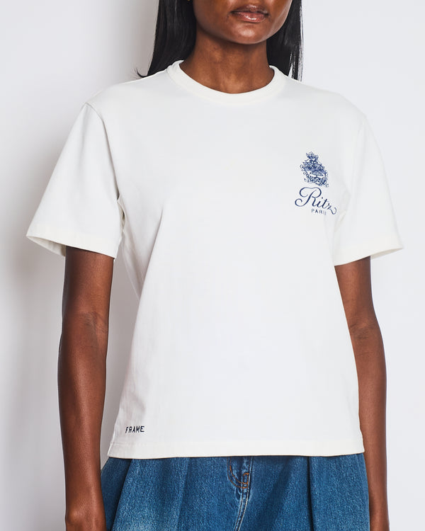 Frame x Ritz Paris White T-Shirt with Embroidered Logo Detail Size M (UK 10)