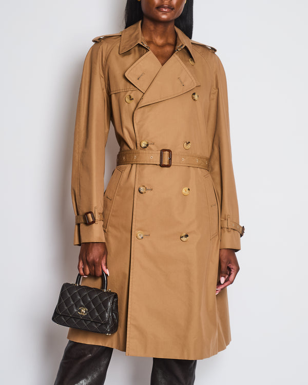 Gucci Taupe Knee Length Trench Coat with Sequin Tiger Embellishment and Floral Embroidery Size UK 8 / 10